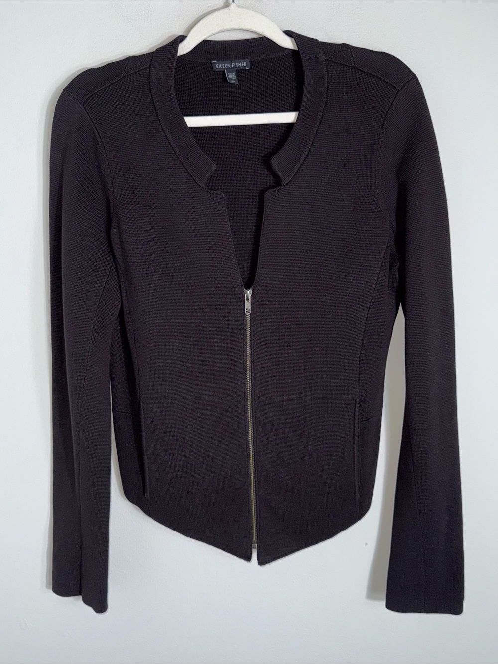 Eileen Fisher Silk Cotton Blend Zip Front Cardigan Sweater-Black-Size Small